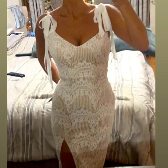 Dresses | White Lace Tiestrap Midi Dress Lulus | Poshmark